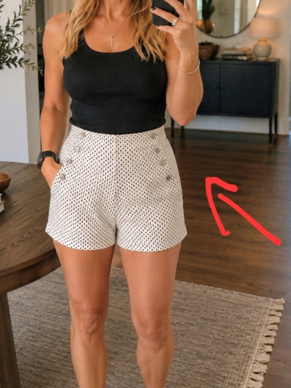a'gaci White High-Waist Polka Dot Shorts with Button Detail
